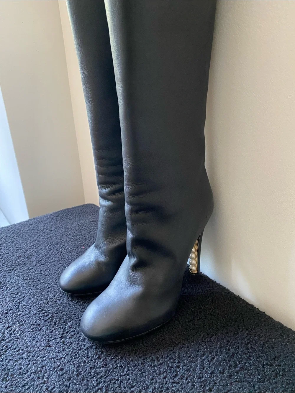 Chanel Leather Knee-High Women's Boots with Pearl Heels